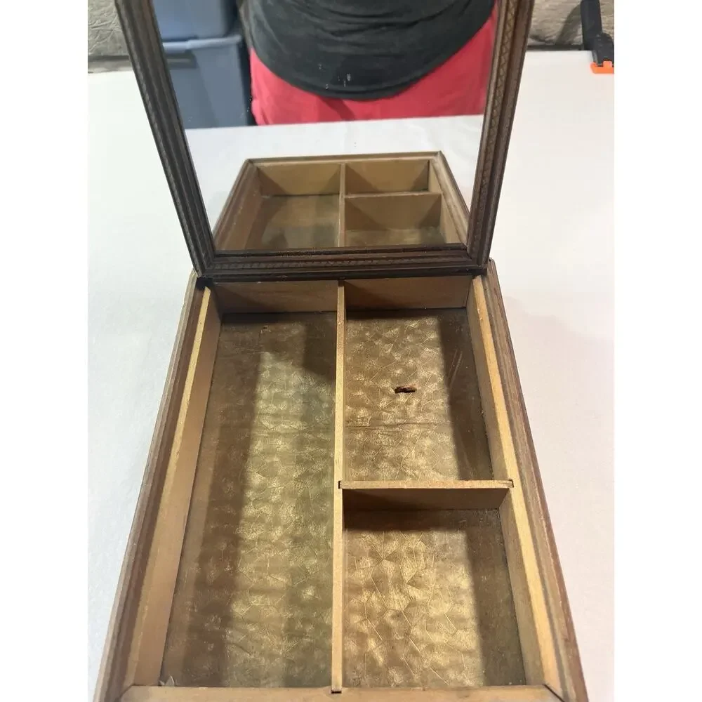 Antique Wooden Jewelry Box With Rococo Print